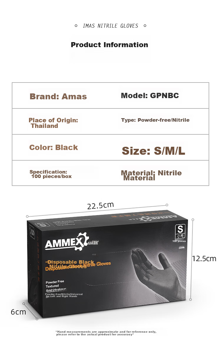 AMMEX Disposable Nitrile Gloves, Thickened And Durable, Non-Slip, Oil-Resistant, Acid And Alkali Resistant, Industrial Repair, 100 Pieces/box, Black GPNBC, Medium Size 12