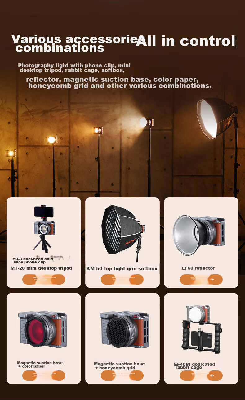 JINBEI EF40BI Retro LED Dual-Color Temperature Fill Light, COB Handheld Zoomable Portable Beauty Photography Continuous Light, Video Photo Live Streaming Light, Wedding Outdoor Night Scene Shooting Lighting 12