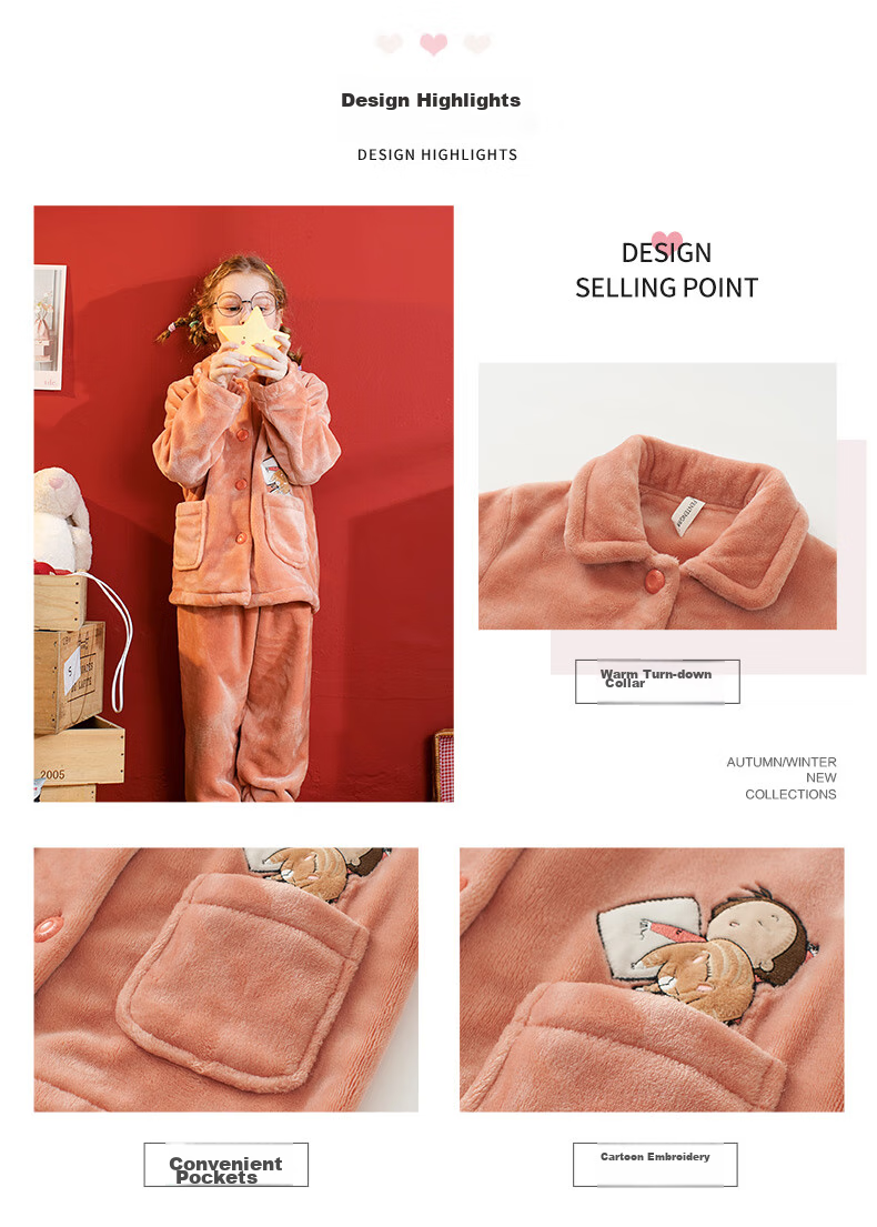 Fenteng Children's Pajamas, Girls' Sleepwear, Fawn Velvet Lapel, Comfortable Embroidered Girls' Pajamas, Loungewear, Q9984741074 3