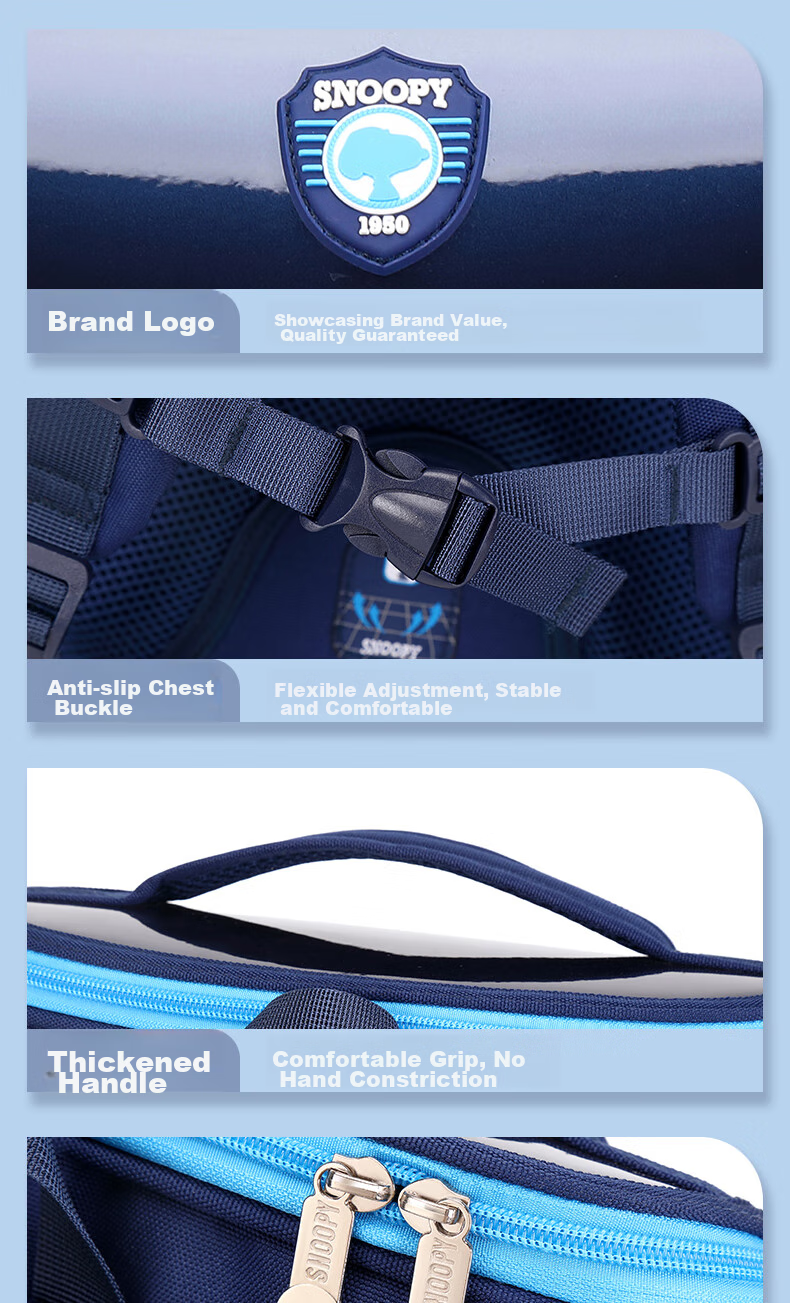 SNOOPY Backpack for Primary School Boys Grades 1-6, Large Capacity Lightweight Reduced Burden Children's Spine Protection Double Shoulder Bag for Girls, Light Blue 36