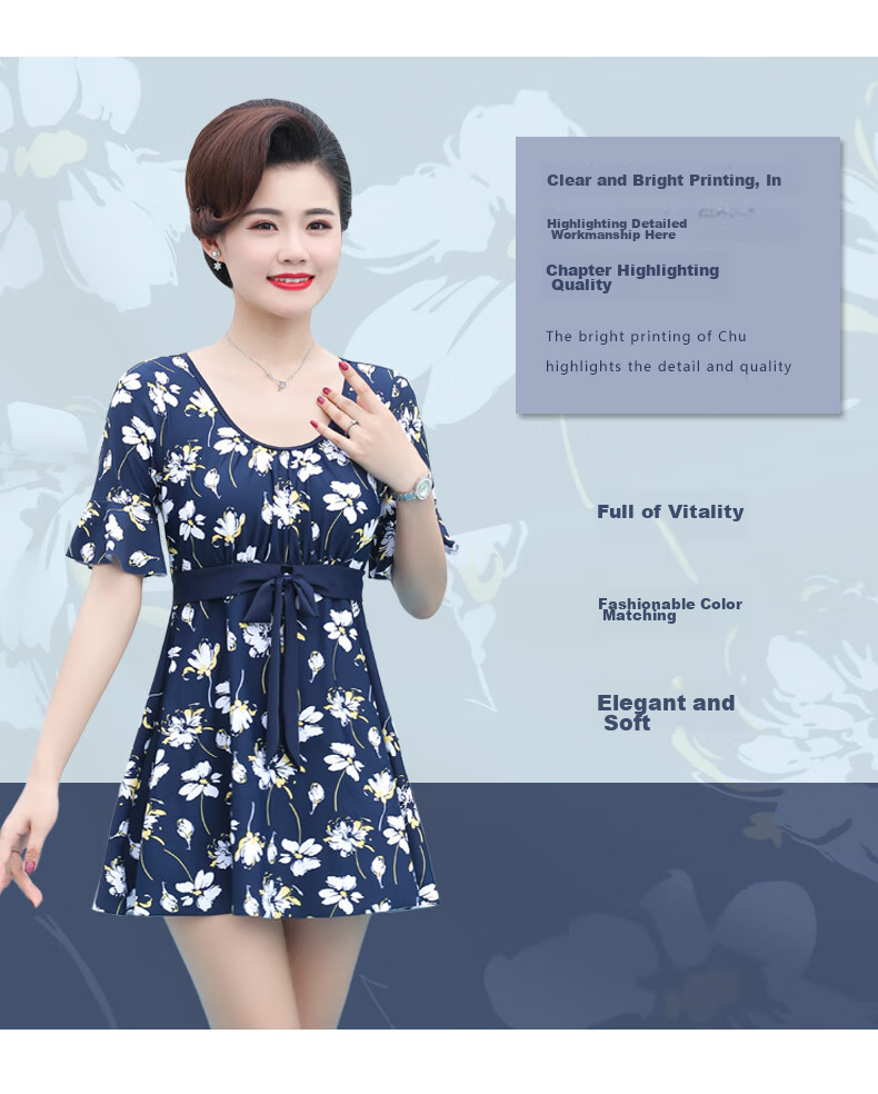 F.DYRAA Women's Swimsuit, Hot Spring Slimming Dress, Breathable Middle-Aged And Elderly Mom Swimwear Three-Piece Set 11703 Deep Blue Yellow Flower XL 2