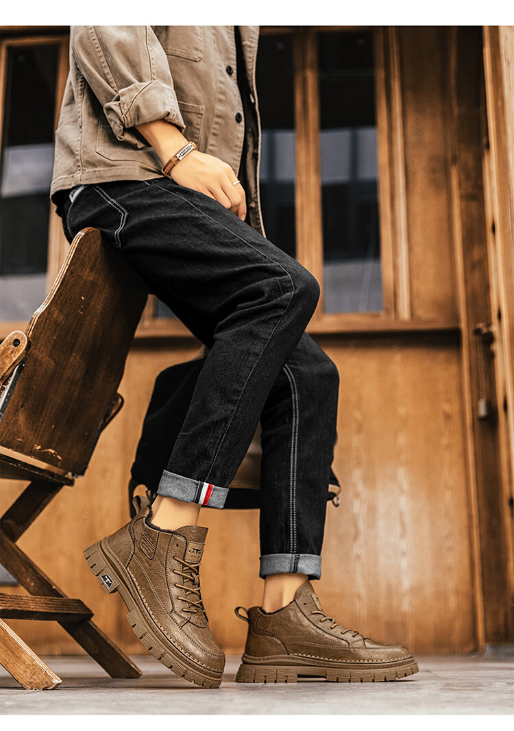 Bull Family Martin Boots Men New British Style Mid-High Casual Shoes Outdoor Fleece-Lined Warm Work Boots for Men 24