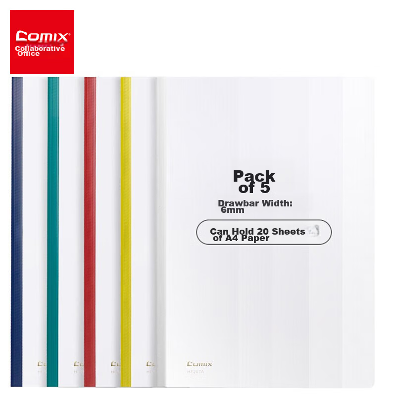 Папки для документов COMIX HF287A, набор из 5 штук, формат А4, с телескопическим зажимом, assorted