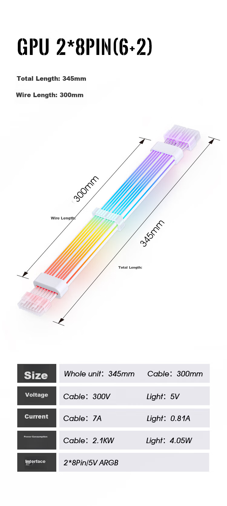 JONSBO Rainbow Bridge DY-2, 8pin*2 Graphics Card RGB Cable (Graphics Card Illuminated Extension Cord/5V ARGB Synchronized Lighting), 4