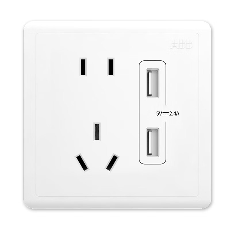 ABB Switch Socket Panel, Yuanchi Series White Five-Hole Socket with Dual USB Charging Ports, AO293N