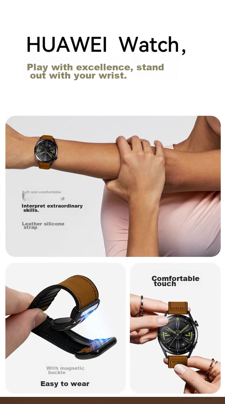 KOVOL Compatible with Huawei Watch Bands for Watch5/4/3/GT6/5/5Pro/4/3/pro, Crazy Horse Pattern Genuine Magnetic Clasp, Honor Universal 46mm Dial Leather Strap | Black 5