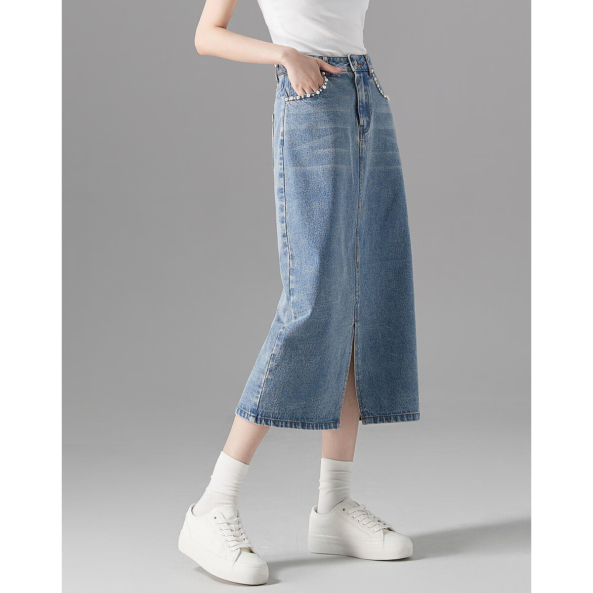 Dme [Yuanqi Yujie] Spring And Autumn Treasure Cloud-Feel Pure Cotton Pearl Decorative Design Split Denim Midi Skirt for Wome