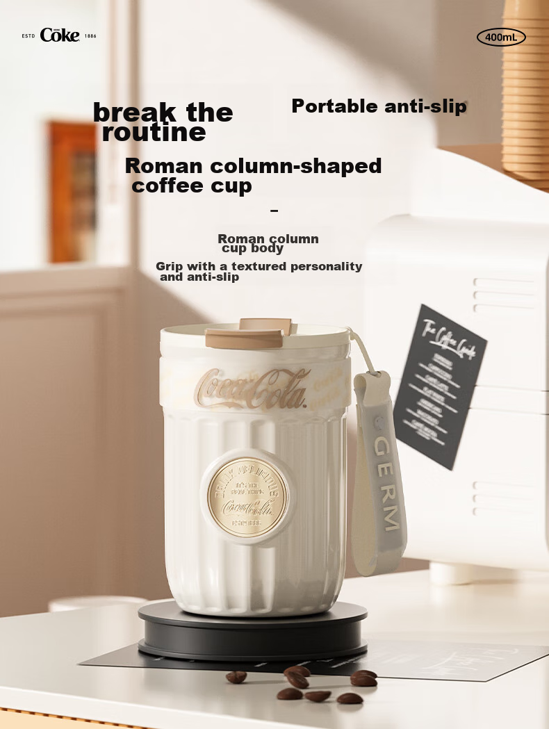 Germ Coca-Cola Dual-Use Insulated Cup with Straw, Water Bottle, Coffee Mug, Large Capacity Student Cup, 400ML, Snow White 3