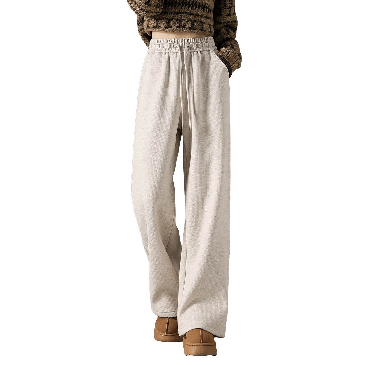 Dme Fleece-Lined Warm Maillard Style Autumn And Winter Simple Solid Color Versatile Straight-Leg Pants Women's Wide-Leg Trousers, Apricot Color, XL