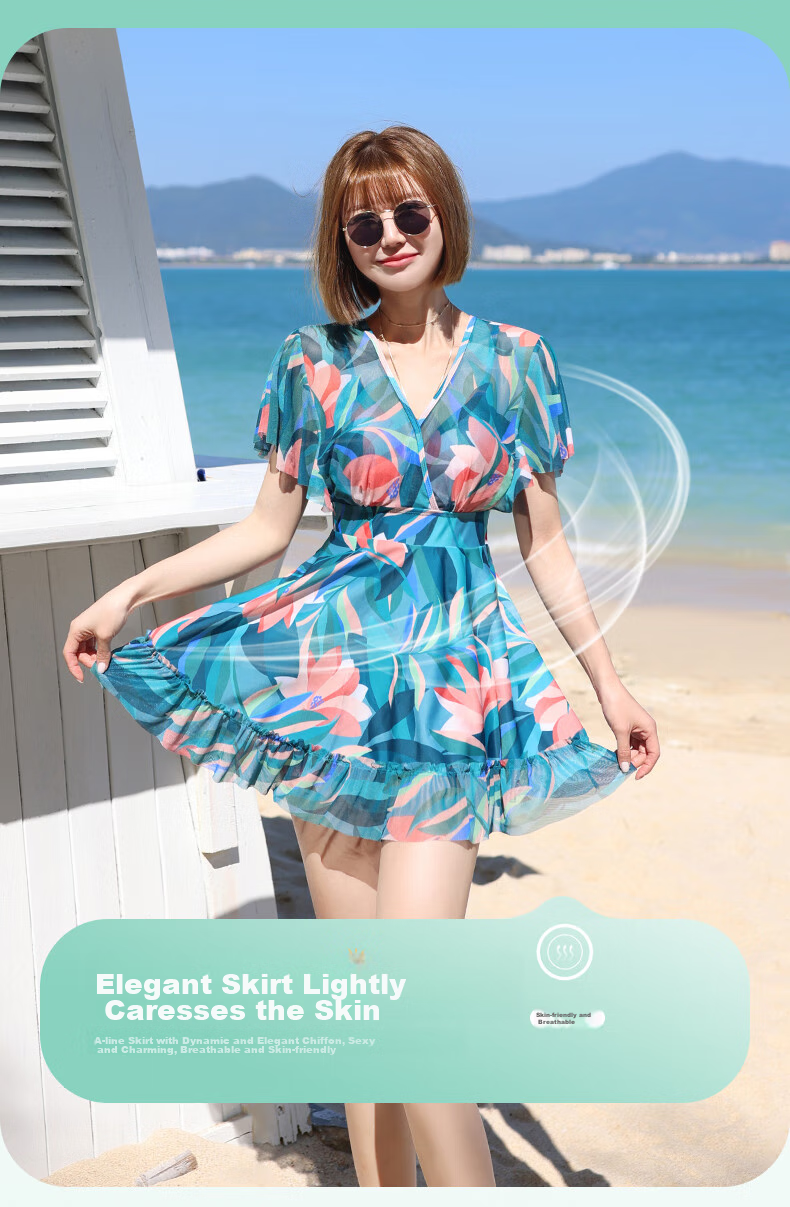 Yifu Women's Conservative Slimming Swimsuit, Fashionable Plus-Size One-Piece Dress Style Swimwear for Curvy Women, Slimming Effect, Suitable for Beach And Hot Springs 8