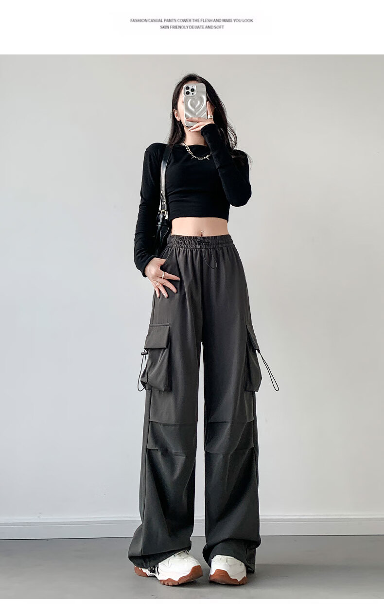 LangSha American-Style Parachute Cargo Pants for Women, Summer Ice Silk High-Waist Wide-Leg Loose Casual Quick-Dry Outdoor Sports Pants for Wome 33