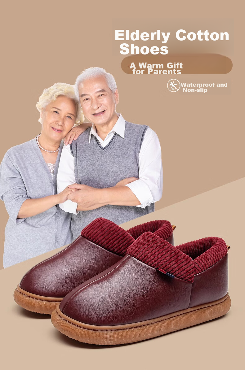 GUOLUOFEI Elderly Non-Slip Cotton Shoes with Heel, Fleece-Lined Warm Waterproof Slippers for Middle-Aged And Elderly Parents, Wine Red, Size 36-37 1