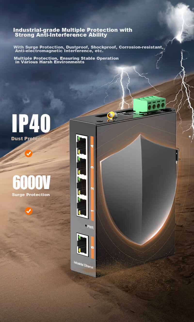 NetLINK Industrial Switch, 5-Port, 100Mbps, DIN Rail Mount, Unmanaged, Wide Temperature Range, Lightning Protection, HTB-6000 2