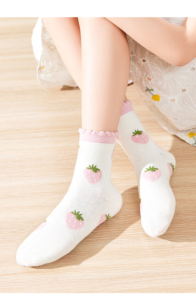 Nanjiren Children's Socks, Girls' Socks, Cotton Mid-Calf Socks, All-Season Socks for Older Children, 5 Pairs Pack, Small Heart Pattern, Size L 19