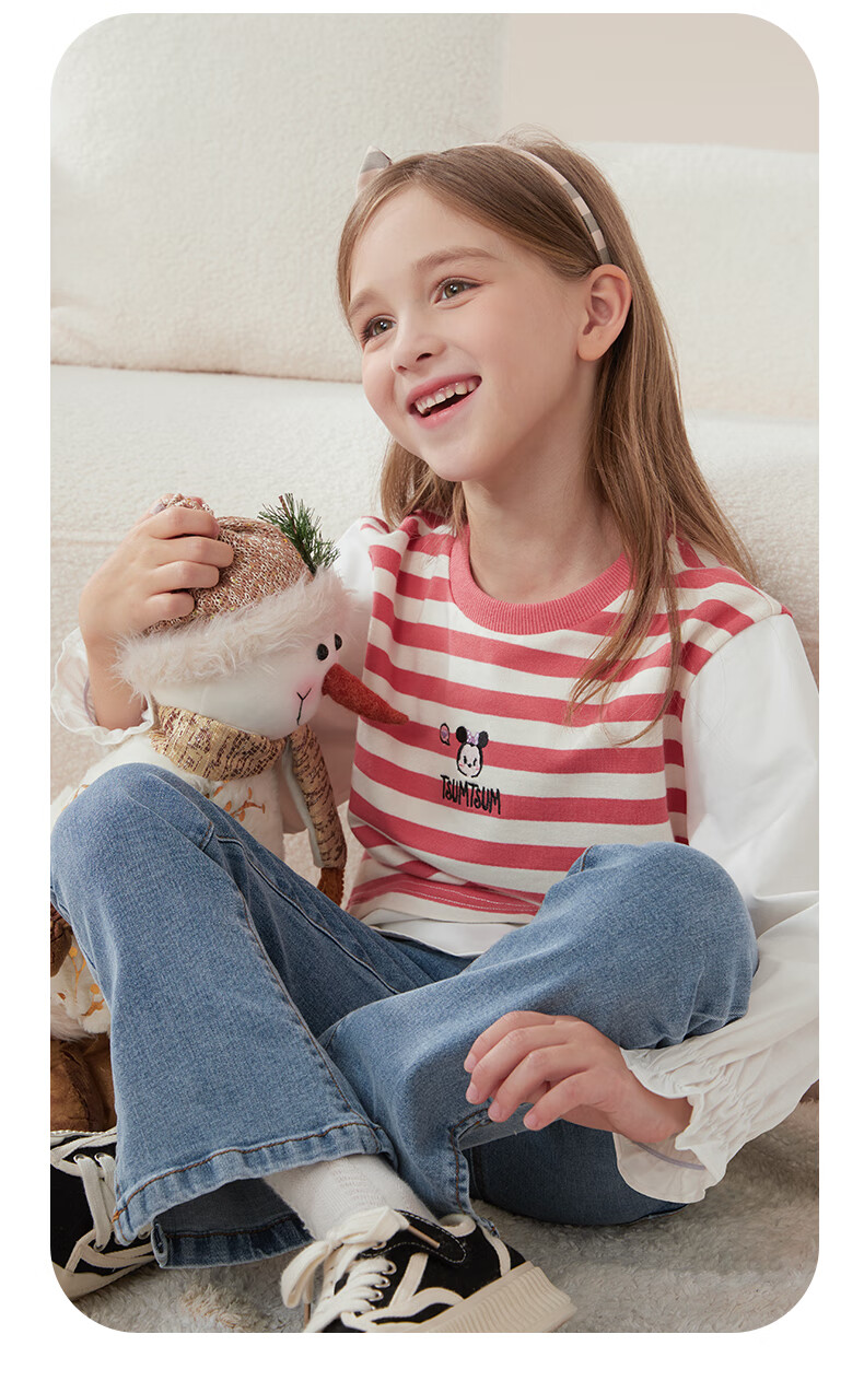 Disney Girls' Sweatshirt Spring And Autumn Children's Long-Sleeve Shirt Casual Top for Older Kids Z233037 Red And White 120cm 8