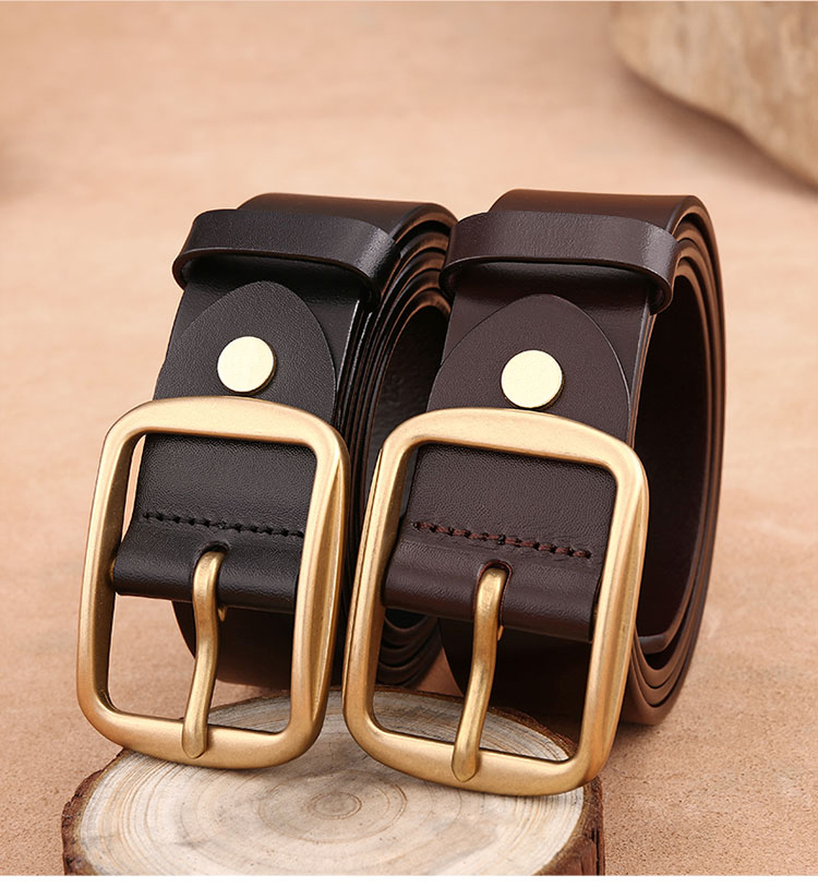 Cattlesboss Men's Belt with Copper Buckle, Genuine Top-Grain Leather, Pin Buckle, 1015 Birthday Gift, Dark Brown, 110cm 12