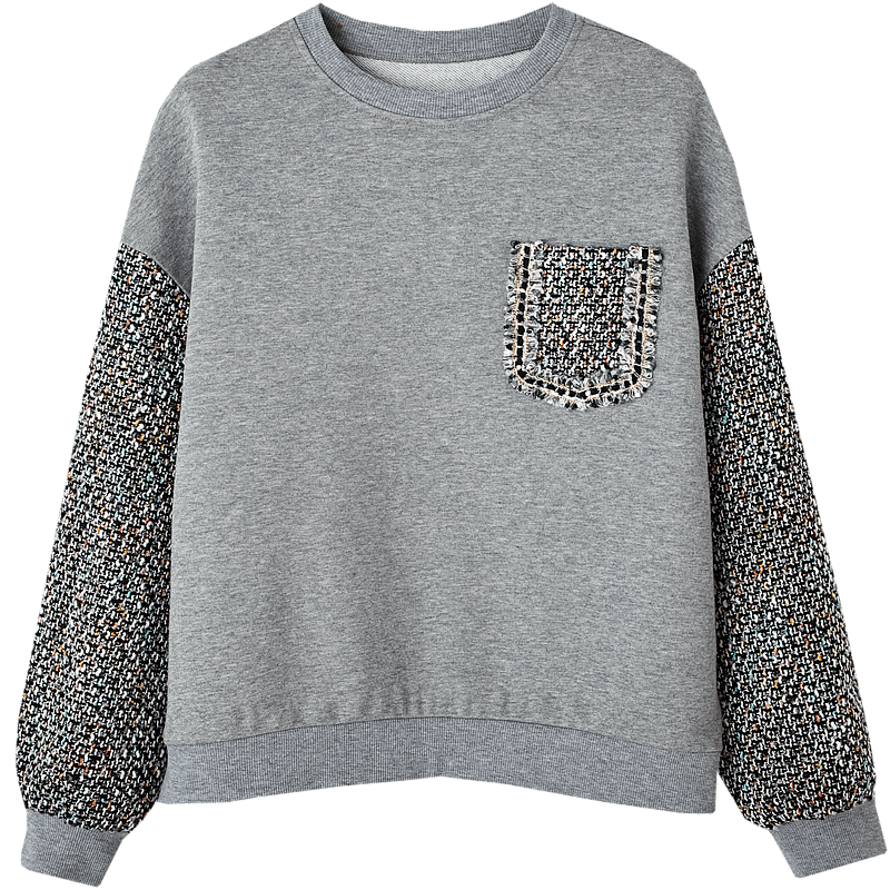 Dme Simple Color-Block Elegant Fleece-Lined Sweatshirt, Autumn And Winter Cotton Round Neck Loose Women's Top, Gray Fleece, XL