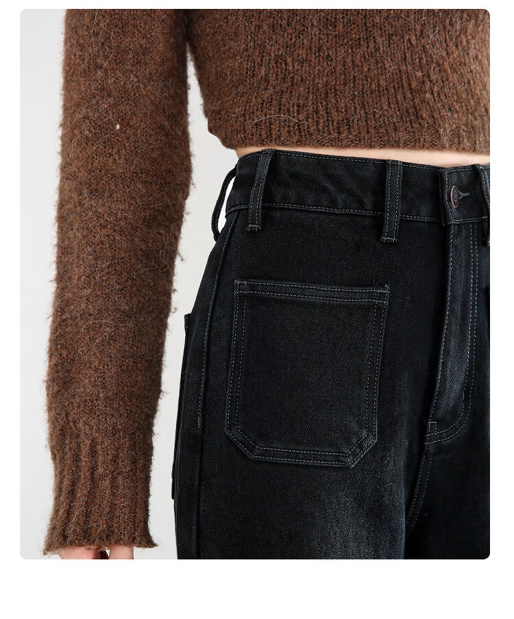 Dme Vintage Style Winter Double-Layer Thick Warm Fleece Straight-Leg Cropped Jeans for Women, Carbon Black, Size 26 4