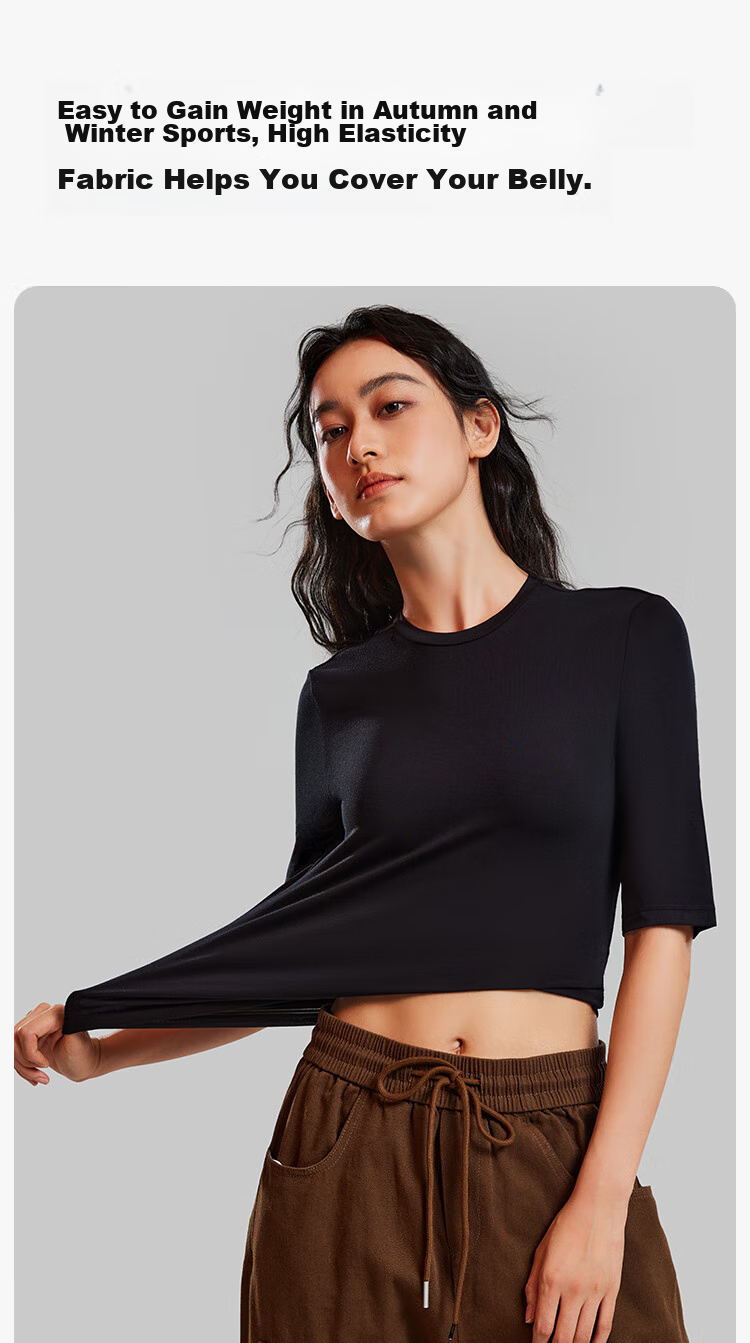 YOUKESHU Women's Base Layer, Spring Round Neck Comfortable Solid Color Inner Wear, Mid-Sleeve Top for Women, Versatile Girls' T-Shirt 8