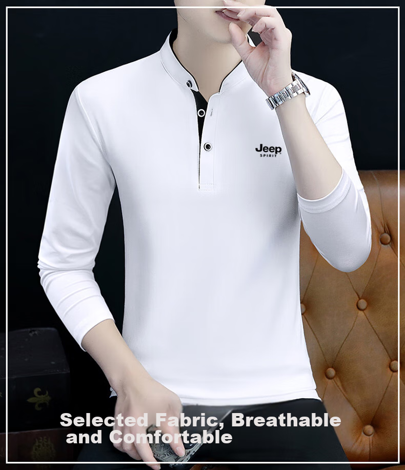 JEEP SPIRIT Men's Long-Sleeve T-Shirt, Spring And Autumn Business Casual Outdoor Polo Shirt, Solid Color Undershirt, Black, XL 4