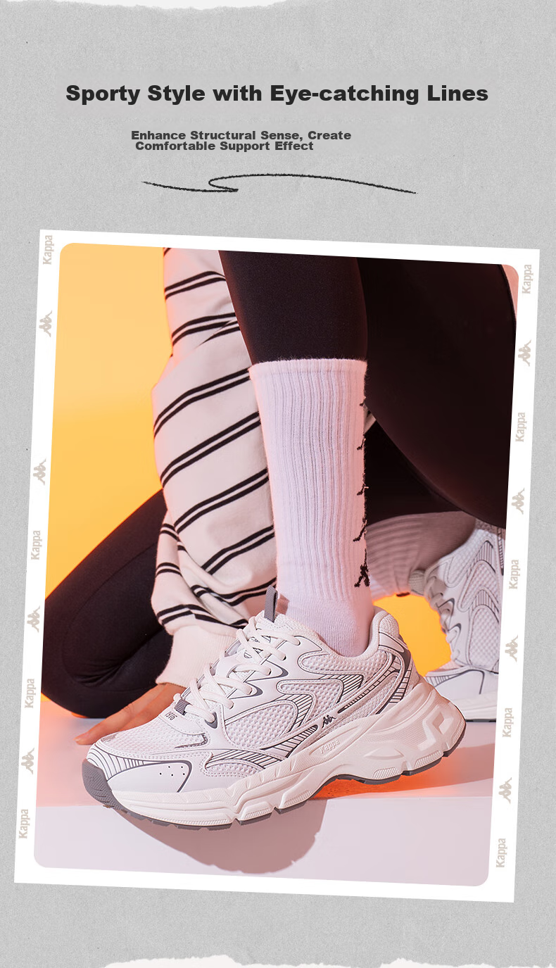 Kappa Hydrogen Track Dad Sneakers, Women's Shoes, Autumn Breathable Height-Increasing Casual Versatile White Shoes, Shark Gray, Size 37 8
