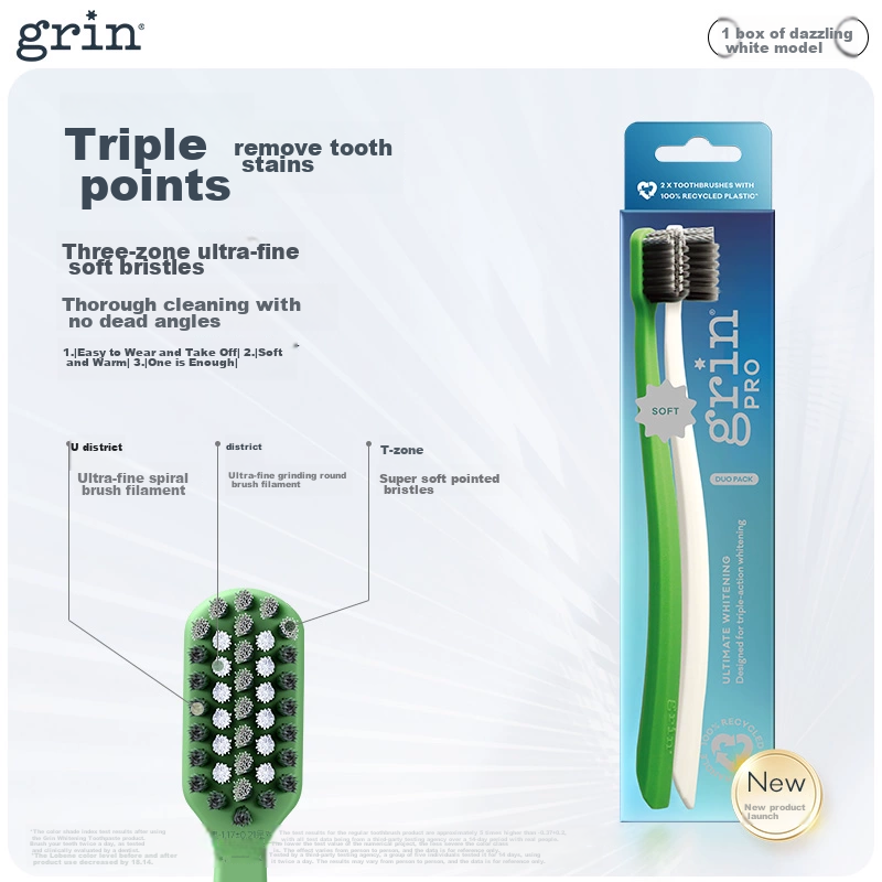 Grin Adult Whitening Toothbrush, Small Head with Fine Soft Bristles, for Men And Women Couples, High-End Household Pack of 2 Brushes