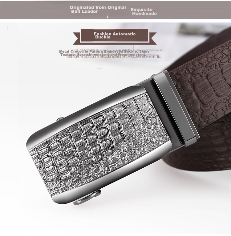 Cattlesboss Men's Leather Belt with Automatic Buckle, Alligator Pattern Business Belt 7075 Gift Elegant Black 110cm 6