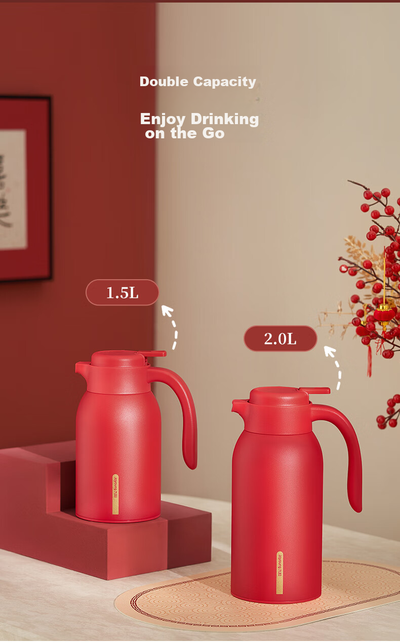 Joyoung Insulated Bottle, Large Capacity for Home Use, 304 Stainless Steel Hot Water Pot, Thermos Flask, Wedding Dowry, Boiling Water Bottle, 2L, Red 9