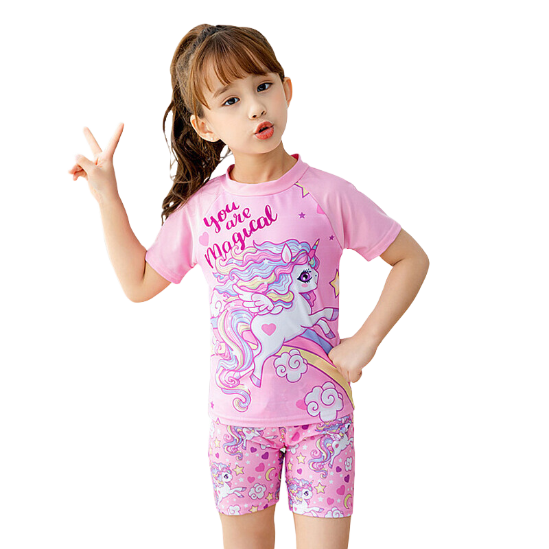 9i9 Kids Two-Piece Swimsuit Girls Swim Shorts Cartoon Sun Protection Quick-Dry Surfing Baby Hot Spring Set B157 Unicorn L