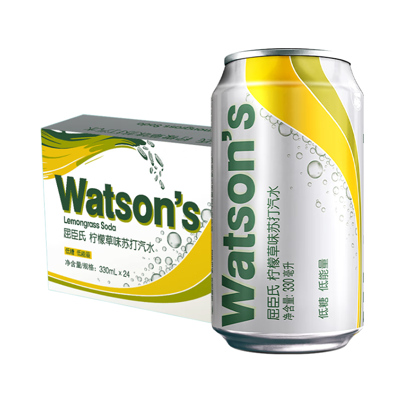 屈臣氏（Watsons）苏打水柠檬草味含汽气泡水饮料0脂低糖解腻调酒330mL*24罐整箱