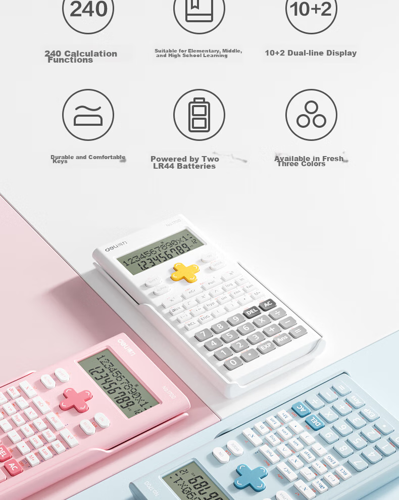 Deli Fashion Scientific Calculator with Dual-Line LCD Display And 240 Functions (For Middle And High School Students) Light Pink 1700 4