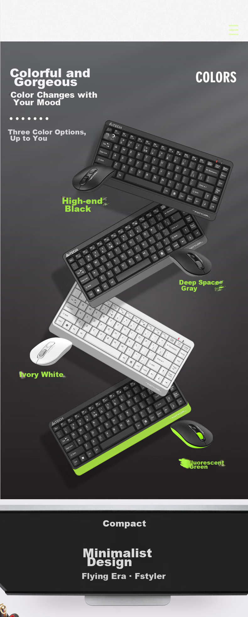 A4TECH FG1120 86-Key Wireless Keyboard And Mouse Combo Set Compact Wireless Keyboard And Mouse Set Small Size Portable Fly Era Fluorescent Green Wireless 2