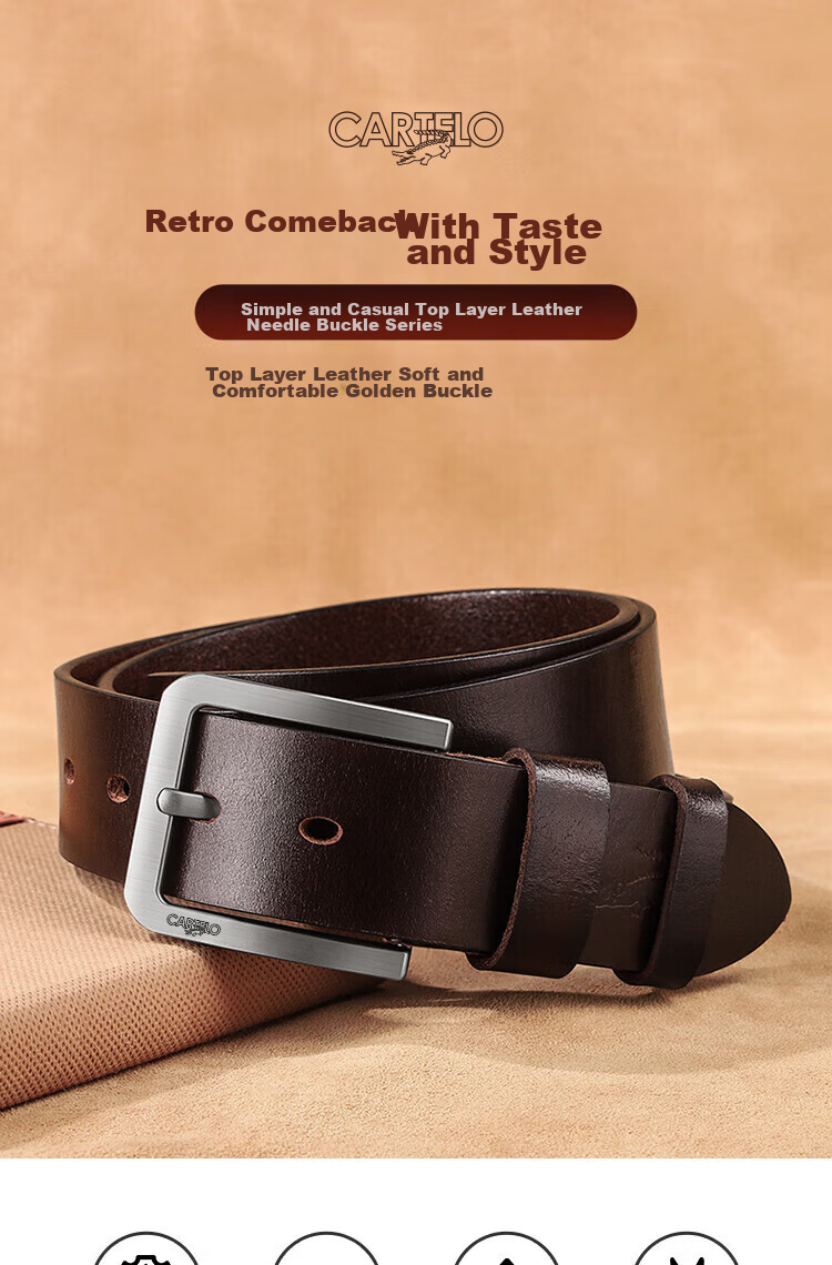 CARTELO Men's Leather Belt, Fashionable Vintage Top-Grain Cowhide Pin Buckle Waistband, Business Trouser Belt, Gift for Boyfriend 1
