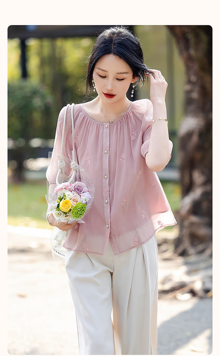 Dme Ice Cream Buttercream Shirt, Summer French Embroidered Blouse, Round Neck Comfortable Concealing Versatile Shirt for Women Top 2