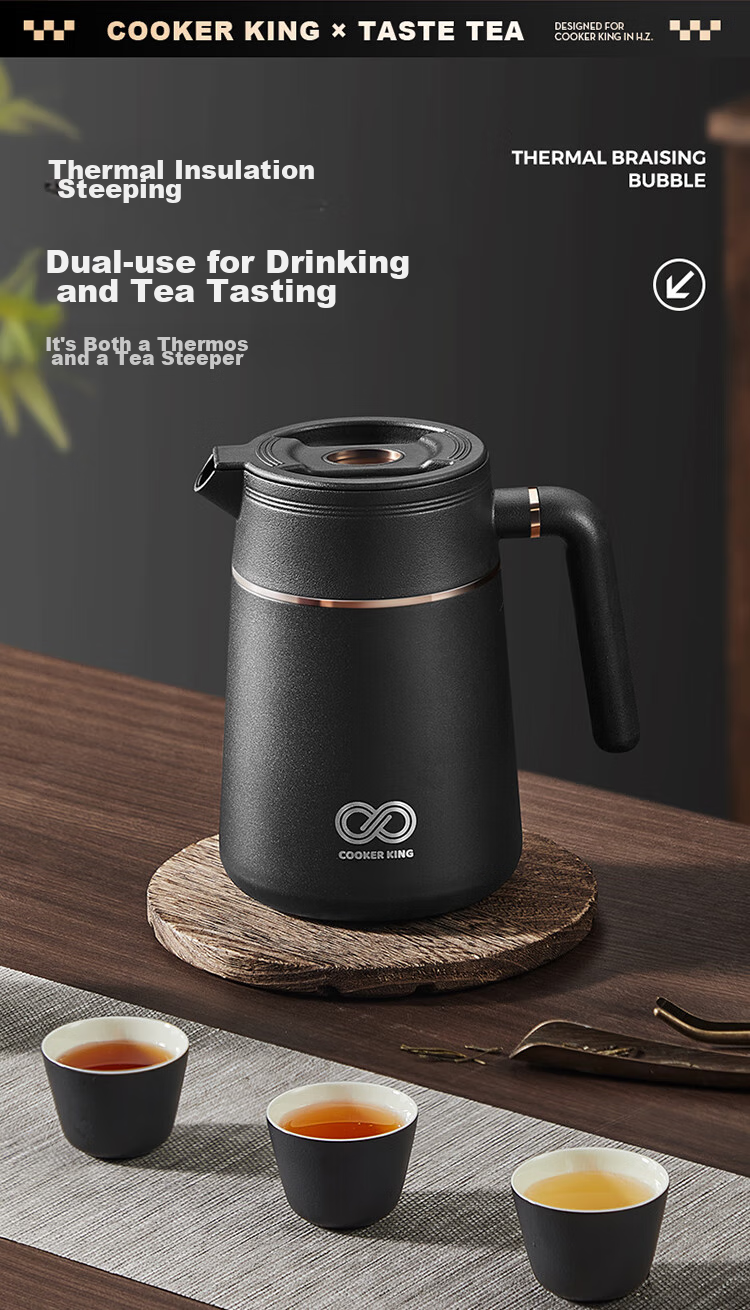COOKER KING Ceramic Lock-In Large Capacity Tea Infuser Pot with Separate Compartments for Brewing And Insulating Tea, Black 1L 3