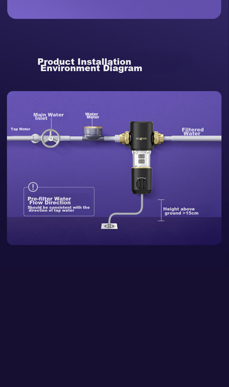 Yikepiao Pre-Filter Water Purifier for Home Use, Whole House Kitchen Under-Sink Pipeline Filtration, High Flow Rate, No Filter Replacement Needed, Lead-Free Dual Turbine Backwash, Explosion-Proof, Freeze-Resistant, Electric-Free Filter Bottle EPSF06-M 15