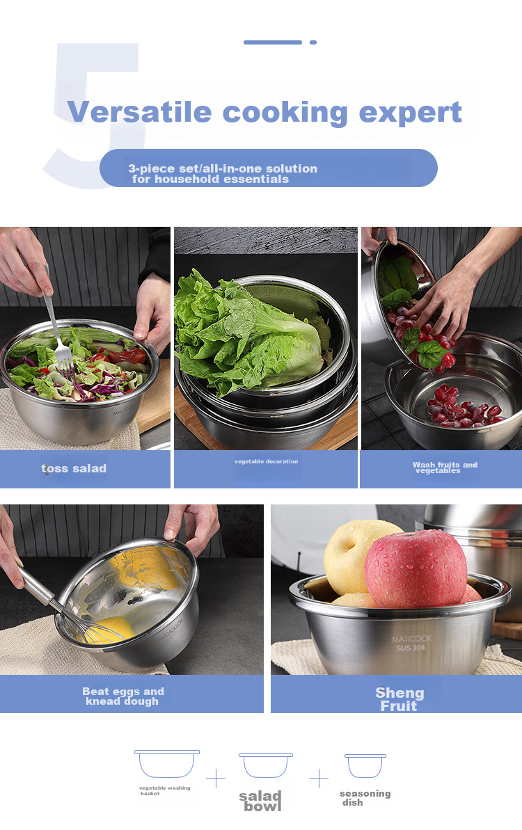 MAXCOOK 304 Stainless Steel Vegetable Washing Basin, Large Seasoning Basin And Dough Mixing Basin Set, Medium-Sized Three-Piece Set MCWA957 6
