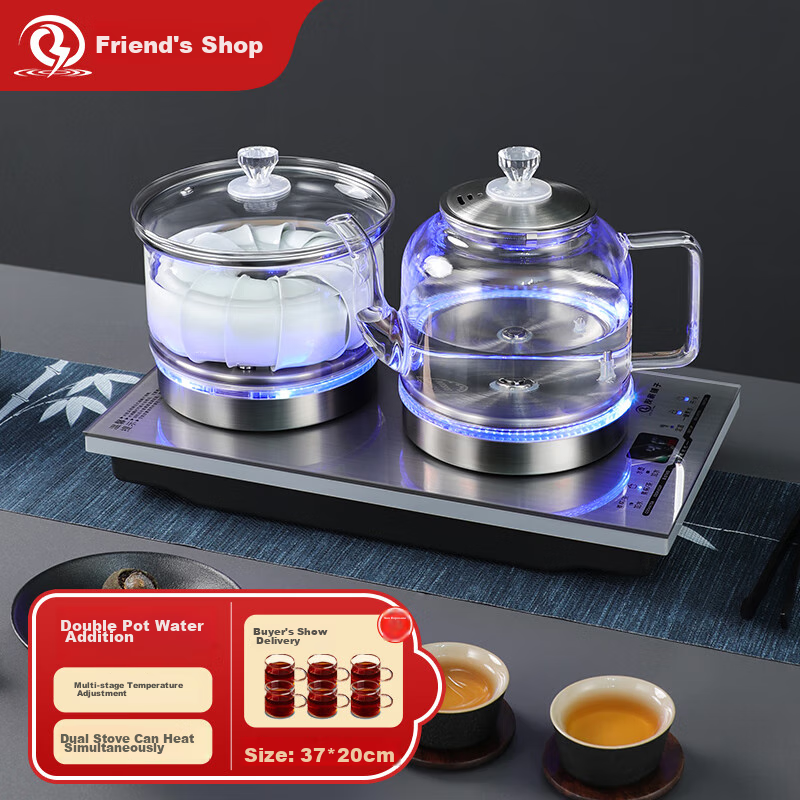 Biooner Fully Automatic Bottom Double Water Inlet Electric Kettle Glass Water Boiler for Home And Office Use, Tea Table Integrated Built-In Electric Tea Stove Tea Set Kit, Light Luxury Silver Clean Versio