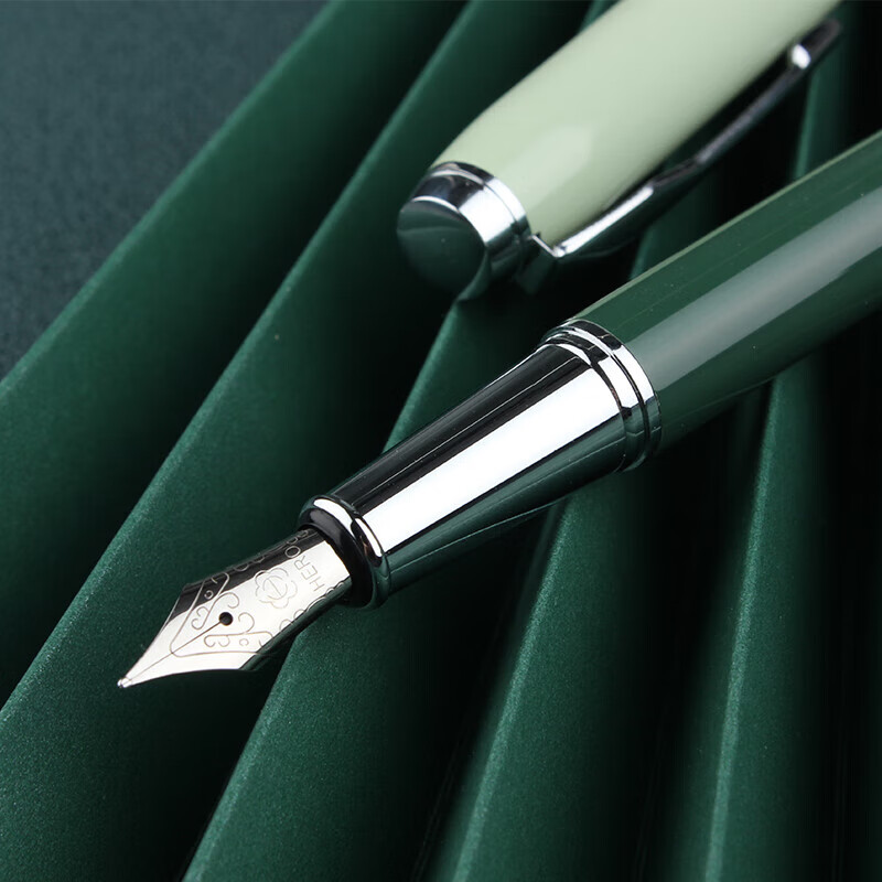 HERO Fountain Pen, Gift Box Morandi Contrasting Color Iridium Gold Fountain Pen, Business Office Neutral Signature Pen Ink Set, Twilight Green Glossy Finish
