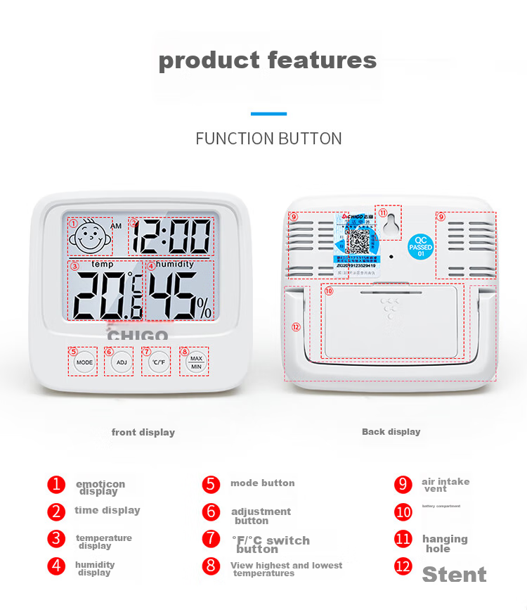 CHIGO Home Electronic Thermometer And Hygrometer for Indoor Office, Baby Room, Time Alarm Clock HTC-1 ABS 17