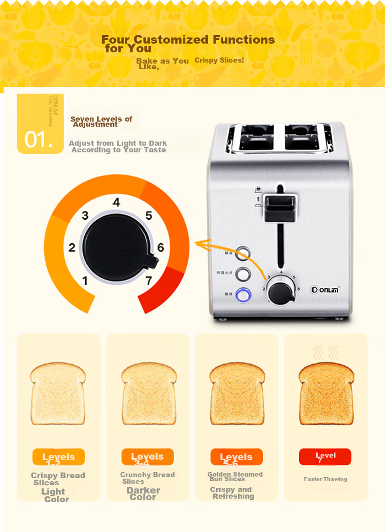 Donlim Bread Toaster, Breakfast Maker, Sandwich Maker, Toaster Oven, Stainless Steel Body, Home Small Fully Automatic Wide Slot Toast Machine, Light Meal Maker DL-8117 7