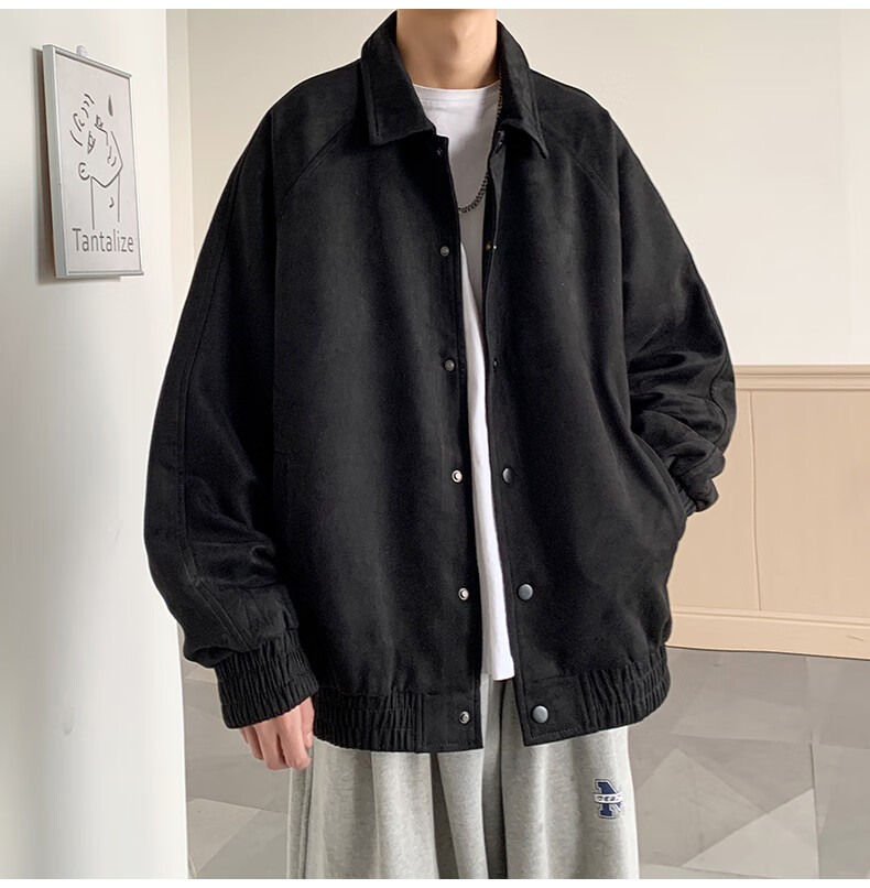 Dingfengbaoluo Men's Jacket, Summer Casual Loose Trendy Suede Coat, American Baseball Style YM9921, Black, 3XL 1