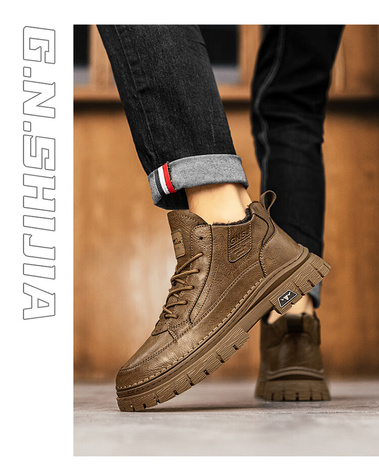 Bull Family Martin Boots Men New British Style Mid-High Casual Shoes Outdoor Fleece-Lined Warm Work Boots for Men 26