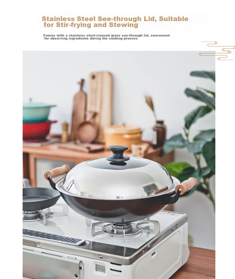 Dianjiang Cast Iron Wok, Uncoated Iron Pan, Enlarged Double-Handled Round Bottom Frying Pan, Gas Stove Cooking Pan, Deepened to 38cm 9