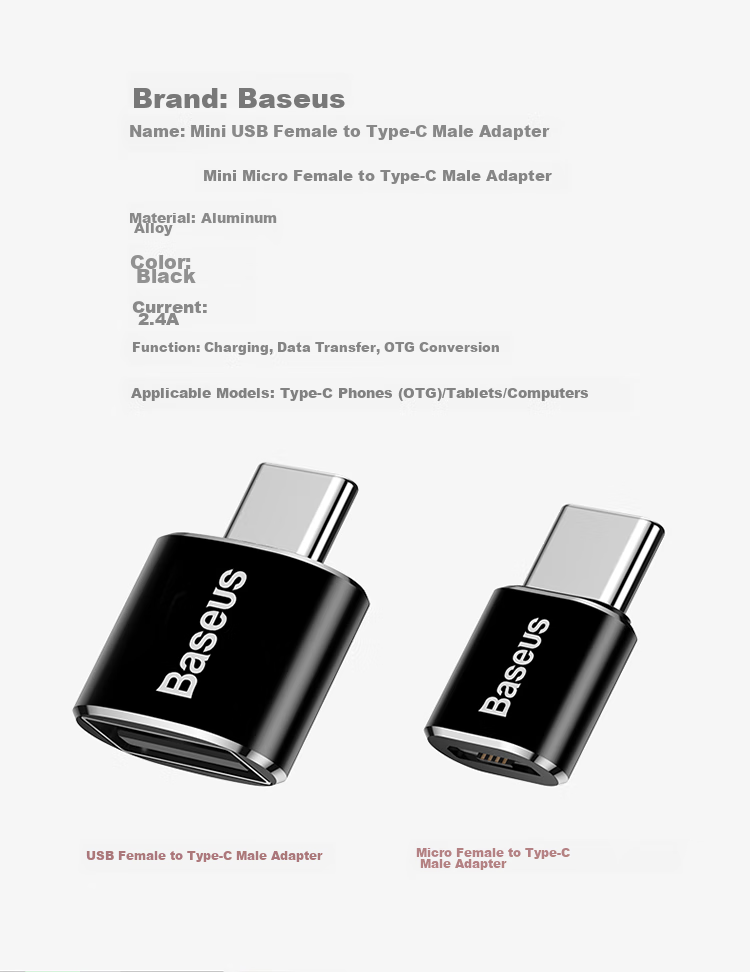 Baseus Type-C Adapter USB OTG Data Cable, Phone USB Drive Tablet Adapter, Car Charger Converter, Compatible with Apple MacBook Laptops Huawei Xiaomi 15