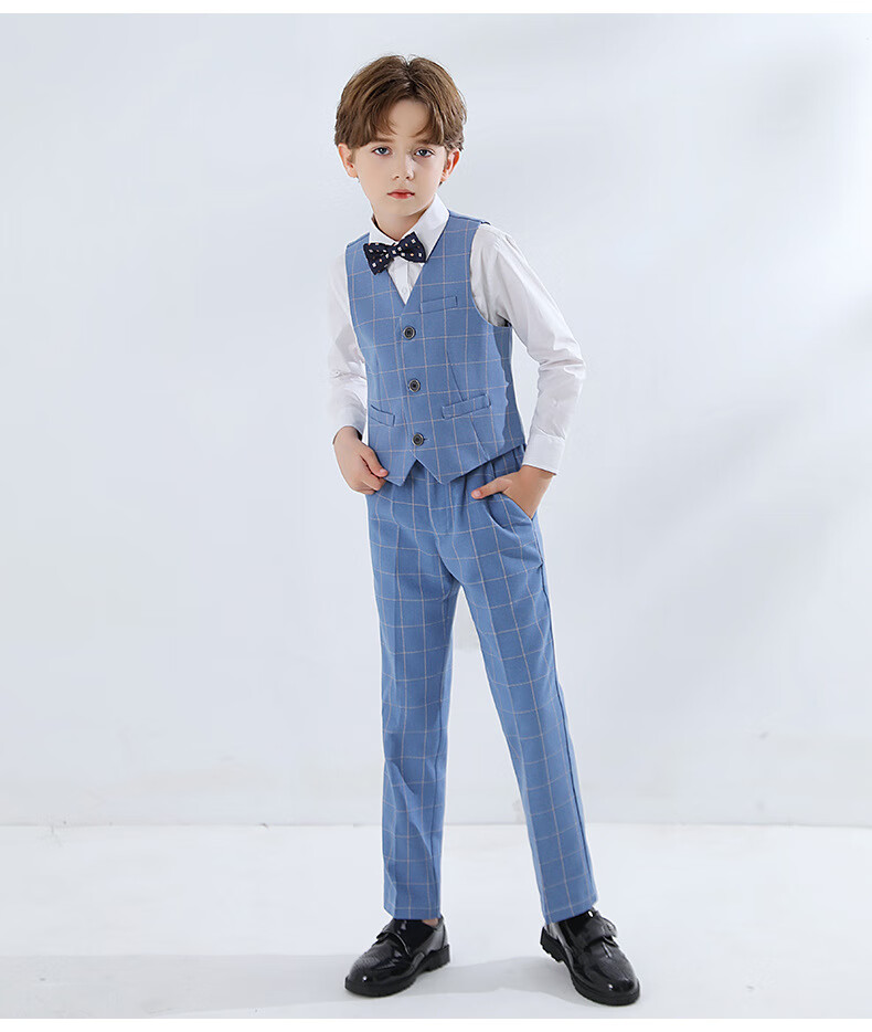 Yinuofang New Children's Suit Set Performance Outfit, Formal Wear, Host Attire for Boys, Blue Plaid, Size 160 10