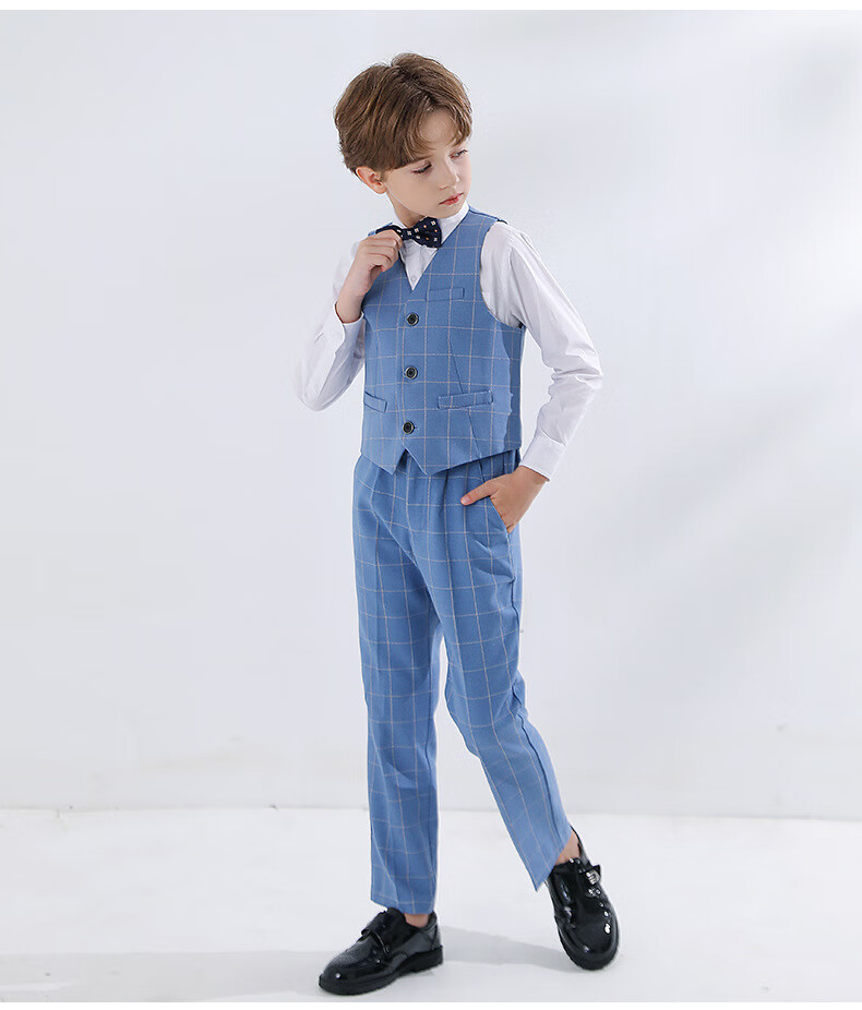 Yinuofang New Children's Suit Set Performance Outfit, Formal Wear, Host Attire for Boys, Blue Plaid, Size 160 11