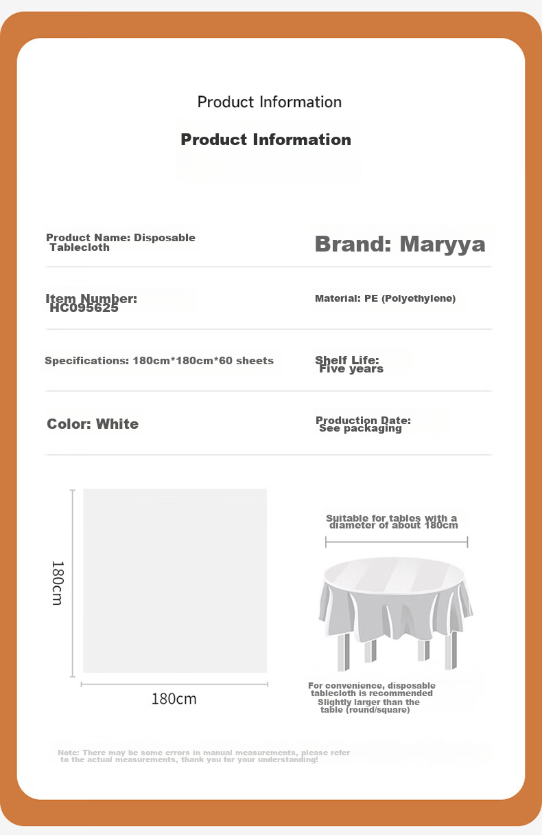 MARYYA Disposable Tablecloths, Thickened, 60 Pieces, Large Size, Rectangular And Round, for Dining Tables, Placemats, Barbecue, Picnic, Camping 2