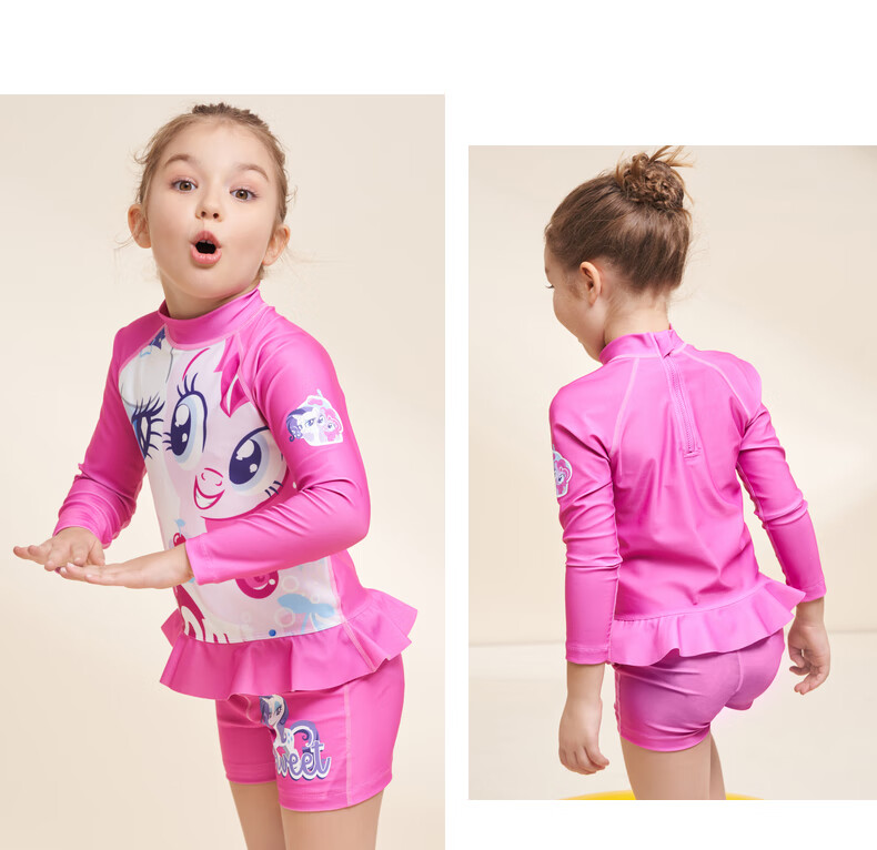 Aimer Kids Girls' Long-Sleeve Swimsuit, My Little Pony Collaboration, Two-Piece Set for Beach Vacation Photoshoots, Rose Pink, Size 140 9
