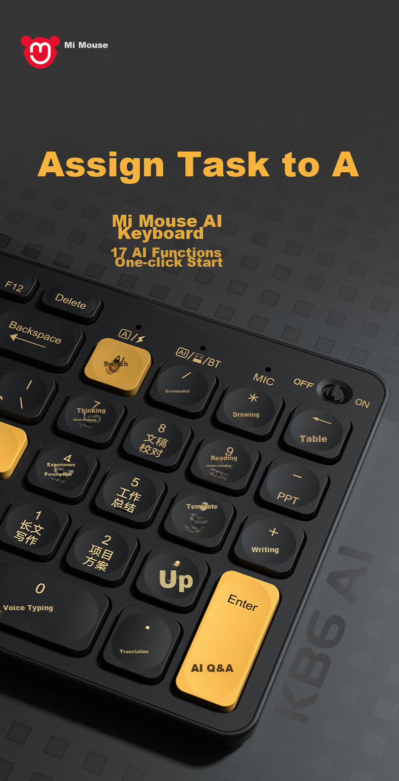 Mimouse KB6AI Smart Keyboard AI Writing PPT Drawing Video Conference Voice Typing Translation Wireless Bluetooth Office Keyboard Black 2